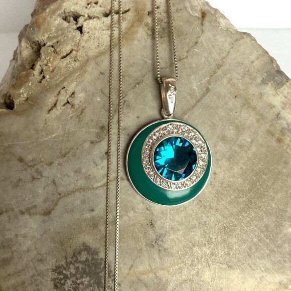 Sterling Silver 925 David Sigal Round Turquoise Enamel Pendant Necklace 20" - Picture 7 of 16